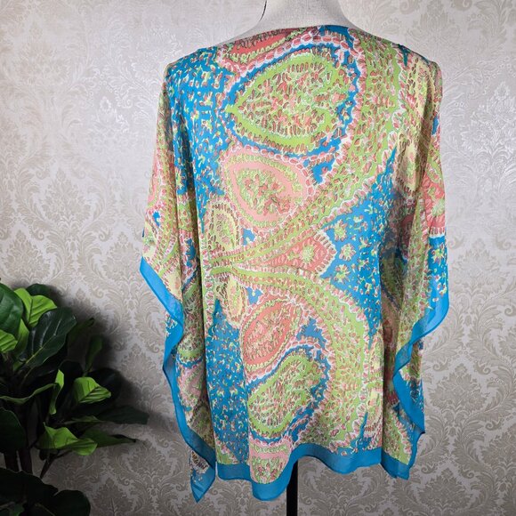 Talbots Size S/M Turquoise Coral Paisley Butterfly Sleeve Kimono Top Silk Sheer - Picture 5 of 10